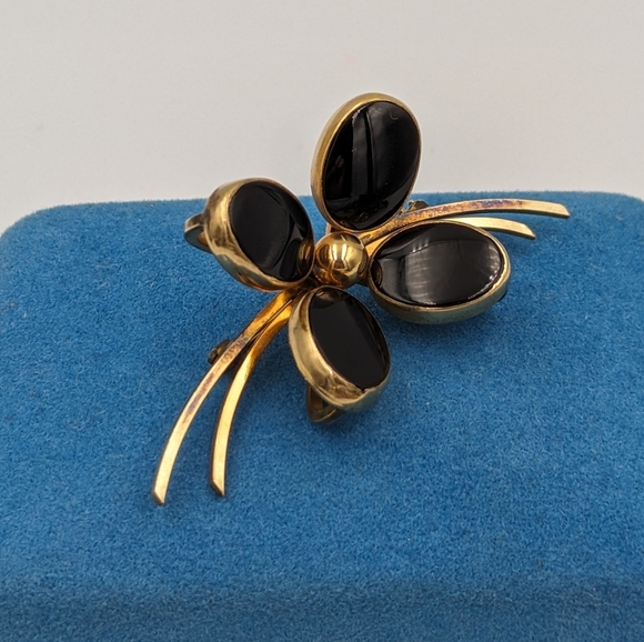 Beautiful Vintage Bal-Ron 12k G.F. Black Onyx Brooch Flower 4 Leaf Clover Motifs - Picture 4 of 7